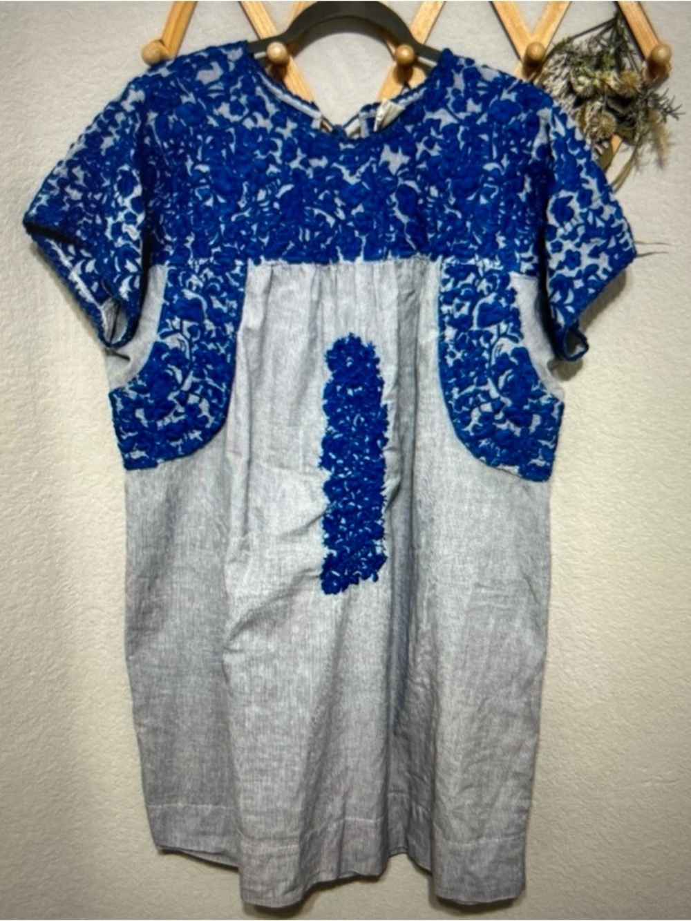 Women’s Sister Mary Blue Embroidered Two-Tone Dress - Faint Pinstripes Large